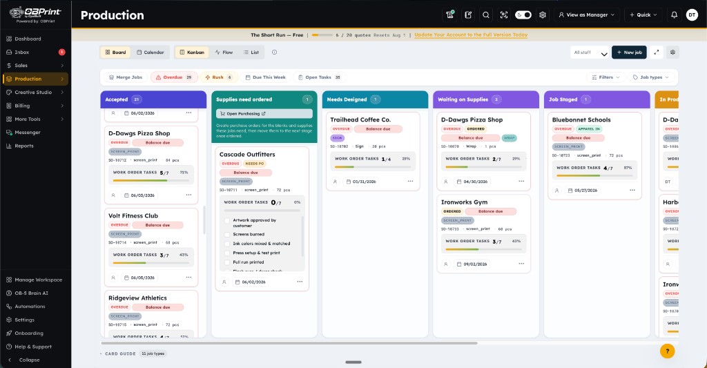 OBPrint production board with jobs across Accepted, Supplies, and In Production